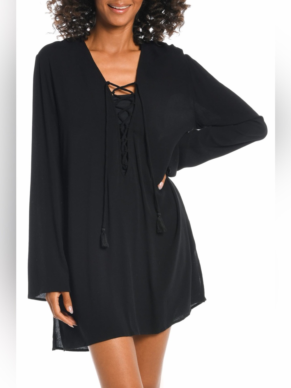 La Blanca Beachcomber Cover-Up Long Sleeve Dress M Black
